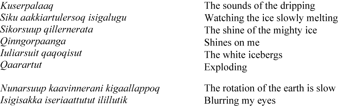 A bilingual lyric sheet with Greenlandic text on the left and English translation on the right, each line paired horizontally. See long description.