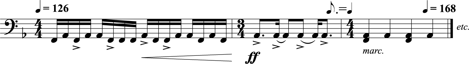 A single staff excerpt shows tempo modulation with changing note groupings, dynamic accents, and tempo shifts from quarter note equals 126 to 168. See long description.