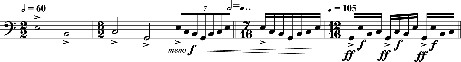 A single staff excerpt shows a tempo modulation from quarter note equals 60 to dotted quarter note equals 105, with changing rhythmic groupings and dynamic shifts. See long description.
