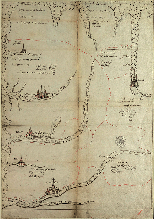 A map showing the province of Munster in Ireland, orientated so that the peninsulas of West Cork and Kerry are facing North. See long description.
