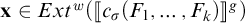x belongs to Ext to the w power of open bracket c sub sigma of open parenthesis F sub 1 comma dot dot dot comma F sub k close parenthesis close bracket to the g power.