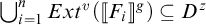 Union from i equals 1 to n of Ext superscript v of open parenthesis double bracket F sub i close double bracket superscript g close parenthesis is a subset of D superscript z.