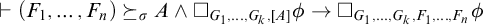 right tack left parenthesis upper F 1 comma midline horizontal ellipsis comma upper F Subscript n Baseline right parenthesis succeeds above single line equals Subscript sigma Baseline upper A and white medium square Subscript upper G 1 comma midline horizontal ellipsis comma upper G Sub Subscript k Subscript comma upper A Baseline phi right arrow white medium square Subscript upper G 1 comma midline horizontal ellipsis comma upper G Sub Subscript k Subscript comma upper F 1 comma midline horizontal ellipsis comma upper F Sub Subscript n Subscript Baseline phi