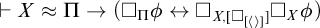 right tack upper X almost equals upper Pi right arrow left parenthesis white medium square Subscript upper Pi Baseline phi left right arrow white medium square Subscript upper X comma white medium square Sub Subscript left angle bracket right angle bracket Subscript Baseline white medium square Subscript upper X Baseline phi right parenthesis