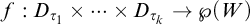 f colon upper D Subscript tau 1 Baseline times backslash dotsb times upper D Subscript tau Sub Subscript k Subscript Baseline right arrow script upper P left parenthesis upper W right parenthesis