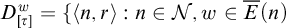 upper D Subscript tau Superscript w Baseline equals left brace left angle bracket n comma r right angle bracket colon n element of script upper N comma w element of ModifyingAbove upper E With bar left parenthesis n right parenthesis