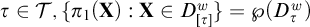 tau element of script upper T comma StartSet pi 1 left parenthesis bold upper X right parenthesis colon bold upper X element of upper D Subscript tau Superscript w Baseline EndSet equals script upper P left parenthesis upper D Subscript tau Superscript w Baseline right parenthesis