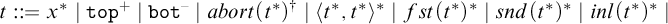 t colon colon equals x Superscript asterisk Baseline StartAbsoluteValue backslash texttt t o p Superscript plus Baseline EndAbsoluteValue backslash texttt b o t Superscript minus Baseline StartAbsoluteValue a b o r t left parenthesis t Superscript asterisk Baseline right parenthesis Superscript dagger Baseline EndAbsoluteValue left angle bracket t Superscript asterisk Baseline comma t Superscript asterisk Baseline right angle bracket Superscript asterisk Baseline StartAbsoluteValue f s t left parenthesis t Superscript asterisk Baseline right parenthesis Superscript asterisk Baseline EndAbsoluteValue s n d left parenthesis t Superscript asterisk Baseline right parenthesis Superscript asterisk Baseline StartAbsoluteValue i n l left parenthesis t Superscript asterisk Baseline right parenthesis Superscript asterisk Baseline EndAbsoluteValue