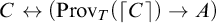 upper C left right arrow left parenthesis upper P r o v Subscript upper T Baseline left parenthesis left ceiling upper C right ceiling right parenthesis right arrow upper A right parenthesis