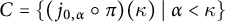 upper C equals StartSet left parenthesis j Subscript 0 comma alpha Baseline ring pi right parenthesis left parenthesis kappa right parenthesis tilde vertical bar tilde alpha less than kappa EndSet