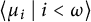 left angle bracket mu Subscript i Baseline tilde vertical bar tilde i less than omega right angle bracket