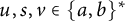 u comma s comma v element of left brace a comma b right brace Superscript asterisk