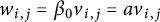 w Subscript i comma j Baseline equals beta 0 v Subscript i comma j Baseline equals a v Subscript i comma j