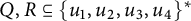 upper Q comma upper R subset of or equal to left brace u 1 comma u 2 comma u 3 comma u 4 right brace Superscript asterisk