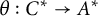 theta colon upper C Superscript asterisk Baseline right arrow upper A Superscript asterisk