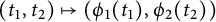 left parenthesis t 1 comma t 2 right parenthesis right arrow from bar left parenthesis phi 1 left parenthesis t 1 right parenthesis comma phi 2 left parenthesis t 2 right parenthesis right parenthesis