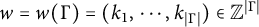 w equals w left parenthesis upper Gamma right parenthesis equals left parenthesis k 1 comma midline horizontal ellipsis comma k Subscript StartAbsoluteValue upper Gamma EndAbsoluteValue Baseline right parenthesis element of double struck upper Z Superscript StartAbsoluteValue upper Gamma EndAbsoluteValue