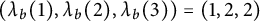left parenthesis lamda Subscript b Baseline left parenthesis 1 right parenthesis comma lamda Subscript b Baseline left parenthesis 2 right parenthesis comma lamda Subscript b Baseline left parenthesis 3 right parenthesis right parenthesis equals left parenthesis 1 comma 2 comma 2 right parenthesis