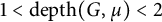1 less than d e p t h left parenthesis upper G comma mu right parenthesis less than 2