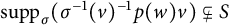 backslash operatorname s u p p Subscript sigma Baseline left parenthesis sigma Superscript negative 1 Baseline left parenthesis v right parenthesis Superscript negative 1 Baseline p left parenthesis w right parenthesis v right parenthesis subset of or not equals upper S