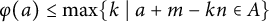 phi left parenthesis a right parenthesis less than or equals max Underscript k Endscripts vertical bar a plus m minus k n element of upper A right brace