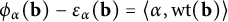 phi Subscript alpha Baseline left parenthesis bold b right parenthesis minus epsilon Subscript alpha Baseline left parenthesis bold b right parenthesis equals left angle bracket alpha comma backslash operatorname w t left parenthesis bold b right parenthesis right angle bracket