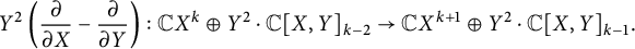upper Y squared left parenthesis StartFraction partial differential Over partial differential EndFraction upper X minus StartFraction partial differential Over partial differential EndFraction upper Y right parenthesis colon double struck upper C upper X Superscript k Baseline circled plus upper Y squared dot double struck upper C upper X comma upper Y Subscript k minus 2 Baseline right arrow double struck upper C upper X Superscript k plus 1 Baseline circled plus upper Y squared dot double struck upper C upper X comma upper Y Subscript k minus 1 Baseline period