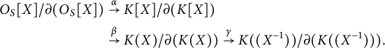 StartLayout 1st Row 1st Column upper O Subscript upper S Baseline upper X divided by partial differential left parenthesis upper O Subscript upper S Baseline upper X right parenthesis 2nd Column backslash stackrel alpha right arrow upper K upper X slash partial differential left parenthesis upper K upper X right parenthesis 3rd Column backslash stackrel beta right arrow upper K left parenthesis upper X right parenthesis divided by partial differential left parenthesis upper K left parenthesis upper X right parenthesis right parenthesis backslash stackrel gamma right arrow upper K left parenthesis left parenthesis upper X Superscript negative 1 Baseline right parenthesis right parenthesis divided by partial differential left parenthesis upper K left parenthesis left parenthesis upper X Superscript negative 1 Baseline right parenthesis right parenthesis right parenthesis period EndLayout
