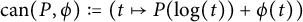 c a n left parenthesis upper P comma phi right parenthesis colon equals left parenthesis t right arrow from bar upper P left parenthesis log left parenthesis t right parenthesis right parenthesis plus phi left parenthesis t right parenthesis right parenthesis