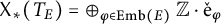 upper X Subscript asterisk Baseline left parenthesis upper T Subscript upper E Baseline right parenthesis equals circled plus Underscript phi element of upper E m b left parenthesis upper E right parenthesis Endscripts double struck upper Z dot ̌ normal e Subscript phi