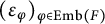left parenthesis epsilon Subscript phi Baseline right parenthesis Subscript phi element of upper E m b left parenthesis upper F right parenthesis