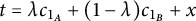 t equals lamda c Subscript 1 Sub Subscript upper A Baseline plus left parenthesis 1 minus lamda right parenthesis c Subscript 1 Sub Subscript upper B Baseline plus x