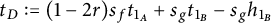 t Subscript upper D Baseline colon equals left parenthesis 1 minus 2 r right parenthesis s Subscript f Baseline t Subscript 1 Sub Subscript upper A Subscript Baseline plus s Subscript g Baseline t Subscript 1 Sub Subscript upper B Subscript Baseline minus s Subscript g Baseline h Subscript 1 Sub Subscript upper B Subscript Baseline