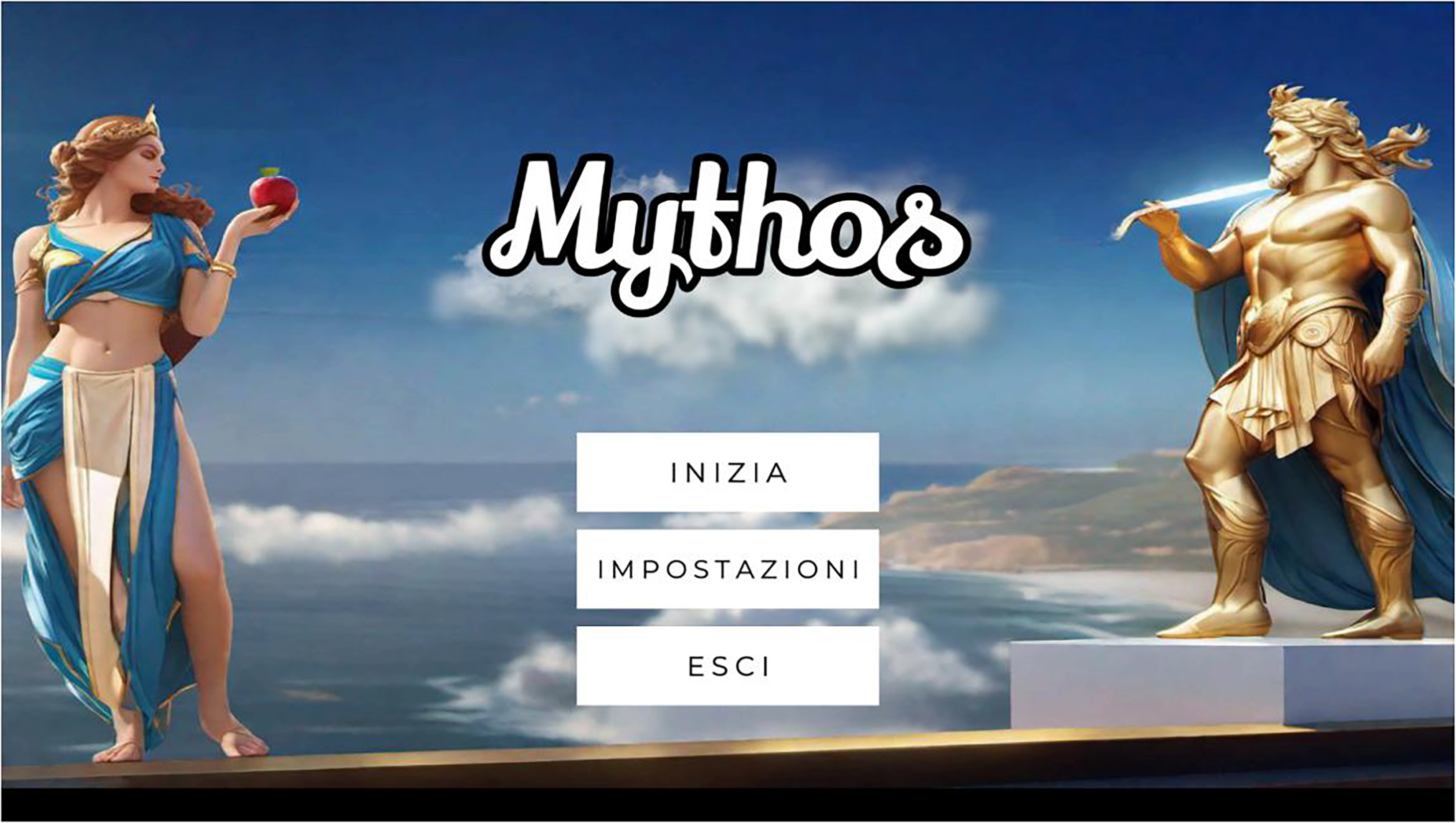 The home screen of the video game Mythos features two classical figures, a woman holding an apple and a man holding a scroll, with a menu displaying options in Italian.