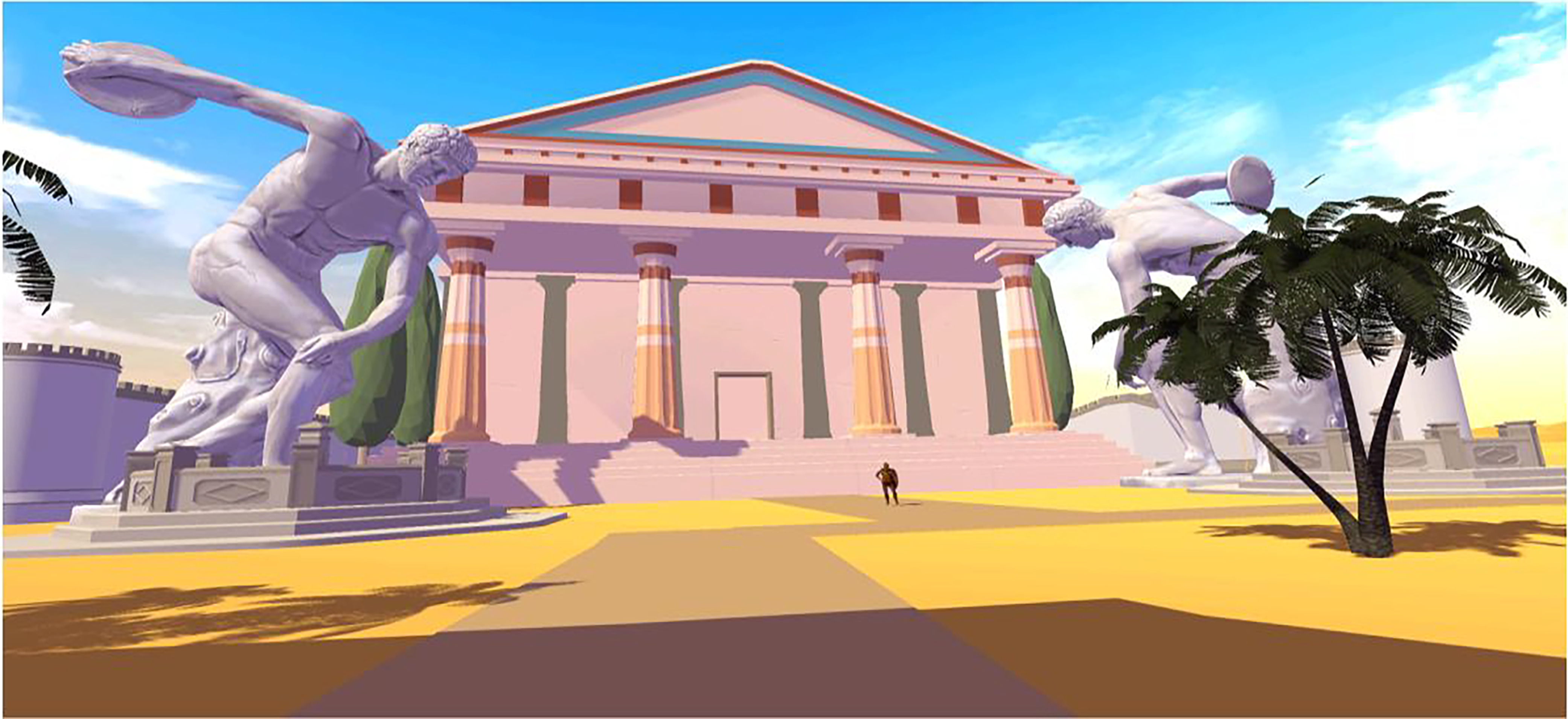 A virtual scene featuring a classical building with large statues and a person walking in the foreground.