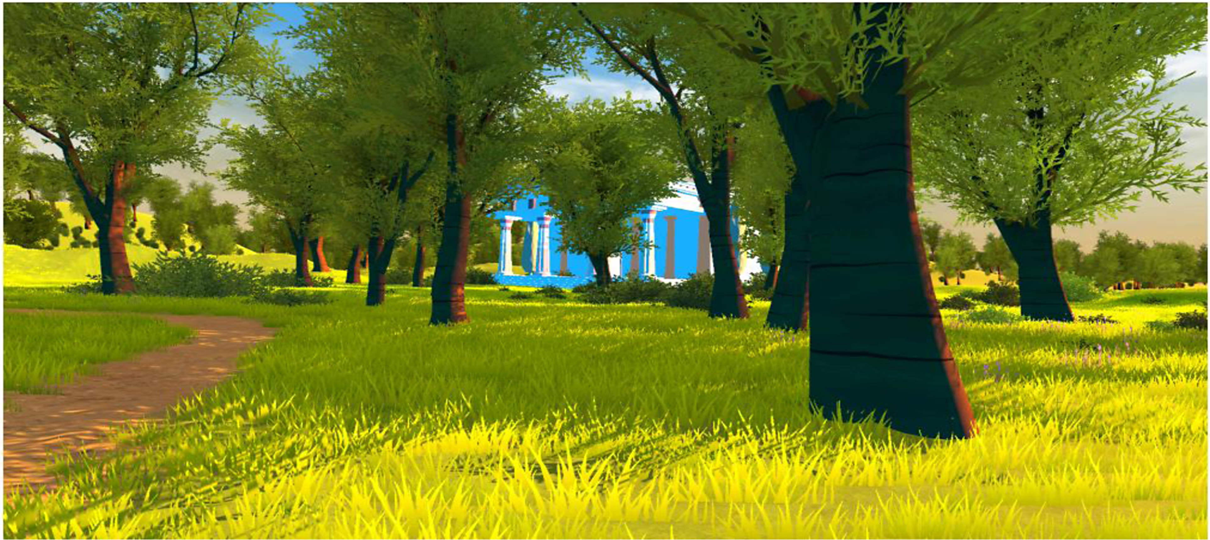 A virtual park with a winding path, trees, and a blue structure in the background.
