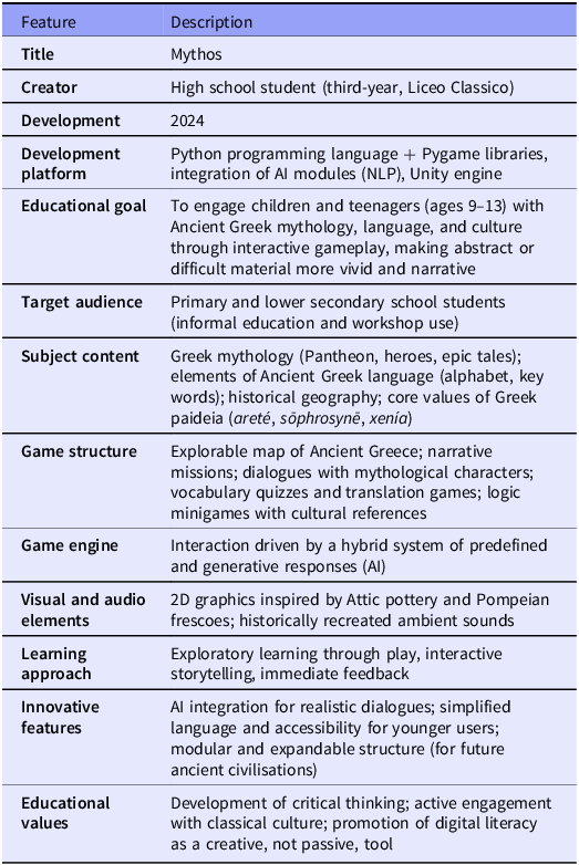 Table summarizing the educational video game Mythos, detailing features, descriptions, and educational goals.