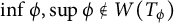 ModifyingBelow inf With comma ModifyingBelow sup With not an element of upper W left parenthesis upper T Subscript phi Baseline right parenthesis