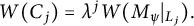 upper W left parenthesis upper C Subscript j Baseline right parenthesis equals lamda Superscript j Baseline upper W left parenthesis upper M Subscript psi Baseline vertical bar Subscript upper L Sub Subscript j Subscript Baseline right parenthesis period