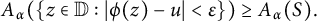 upper A Subscript alpha Baseline left parenthesis StartSet z element of double struck upper D colon StartAbsoluteValue phi left parenthesis z right parenthesis minus u EndAbsoluteValue less than epsilon EndSet right parenthesis greater than or equals upper A Subscript alpha Baseline left parenthesis upper S right parenthesis period