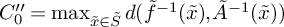 upper C double prime 0 equals max Underscript x overtilde element of upper S overtilde Endscripts d left parenthesis ModifyingAbove f With tilde Superscript negative 1 Baseline left parenthesis x overtilde right parenthesis comma ModifyingAbove upper A With tilde Superscript negative 1 Baseline left parenthesis x overtilde right parenthesis right parenthesis