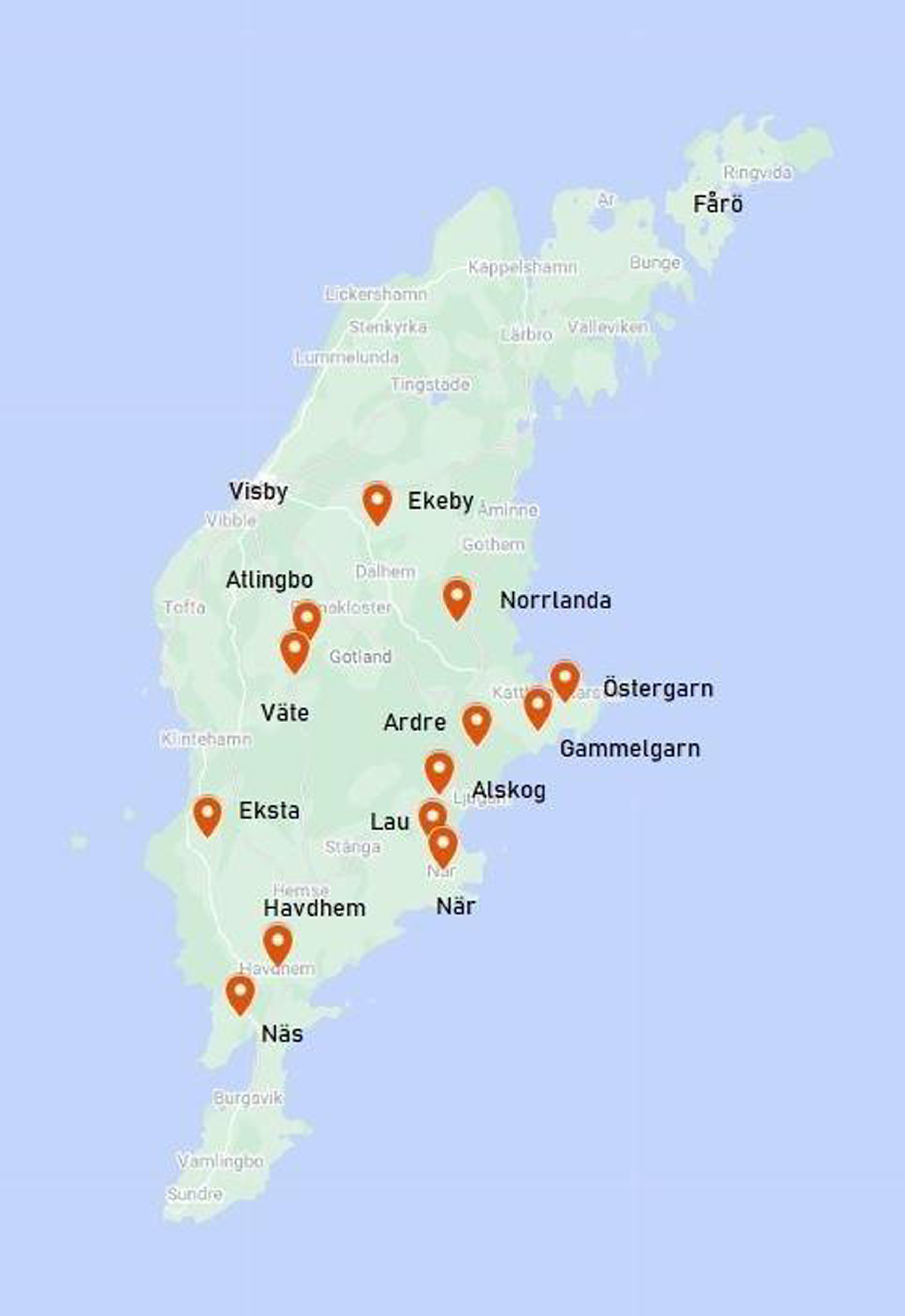 A map of Gotlandic parishes in the Baltic Sea with marked locations.