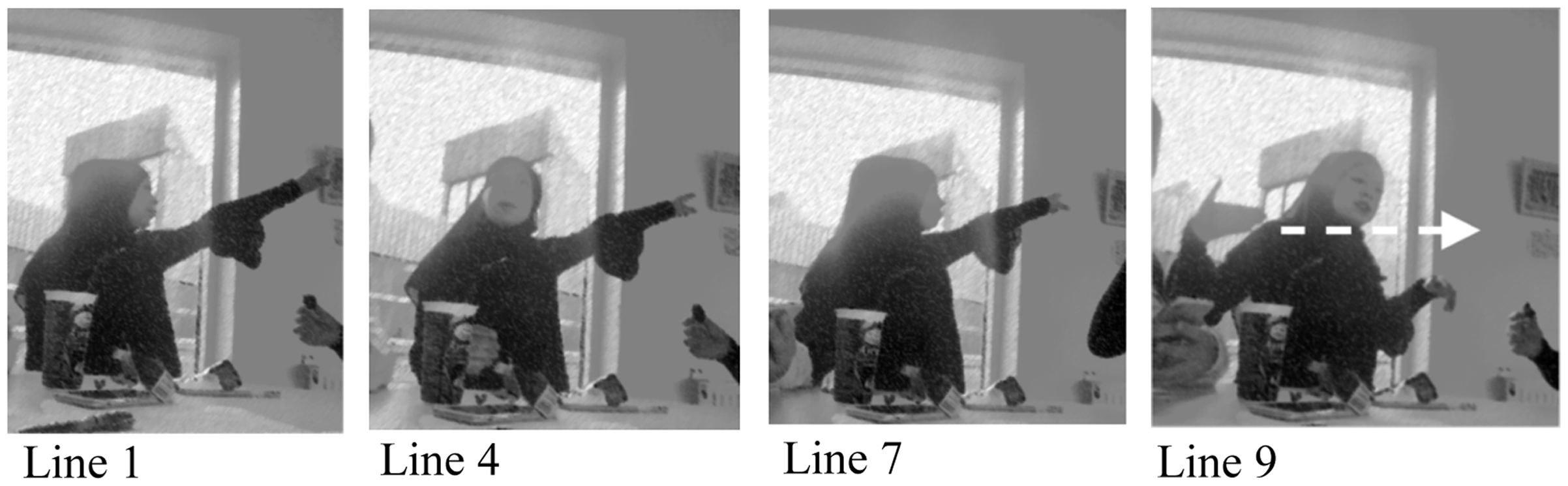 Four still photos of Melissa's gestures in different positions, labeled as Line 1, Line 4, Line 7, and Line 9.