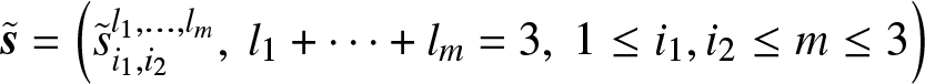 dollar sign s tilde equals left parenthesis s tilde i 1 comma i 2 l 1 comma ellipsis comma lm comma l 1 plus midline horizontal ellipsis plus lm equals 3 comma 1 less than or equals i 1 comma i 2 less than or equals m less than or equals 3 right parenthesis dollar sign
