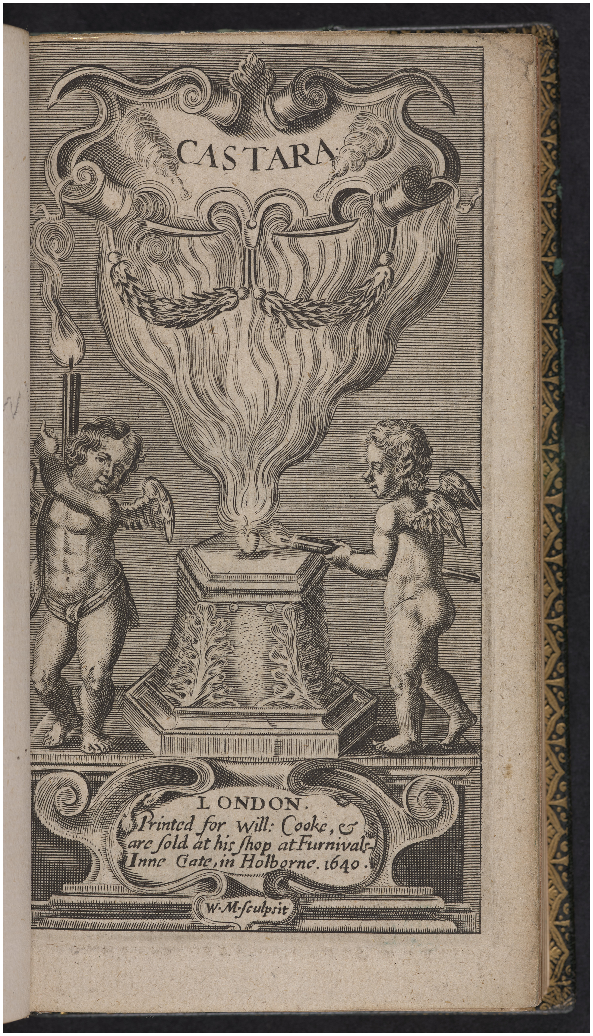 The frontispiece of William Habington's Castara from 1640 features two cherubs tending to a flame above a chest.