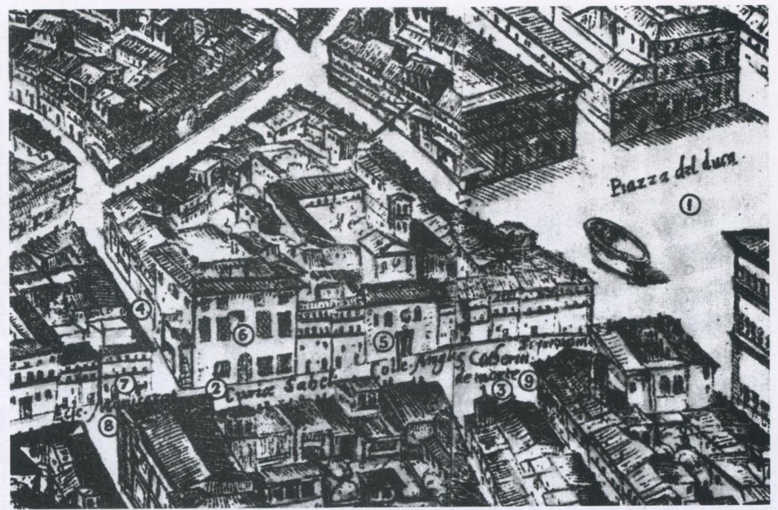 A detailed illustration of the English College in Rome, marked with numbered locations.