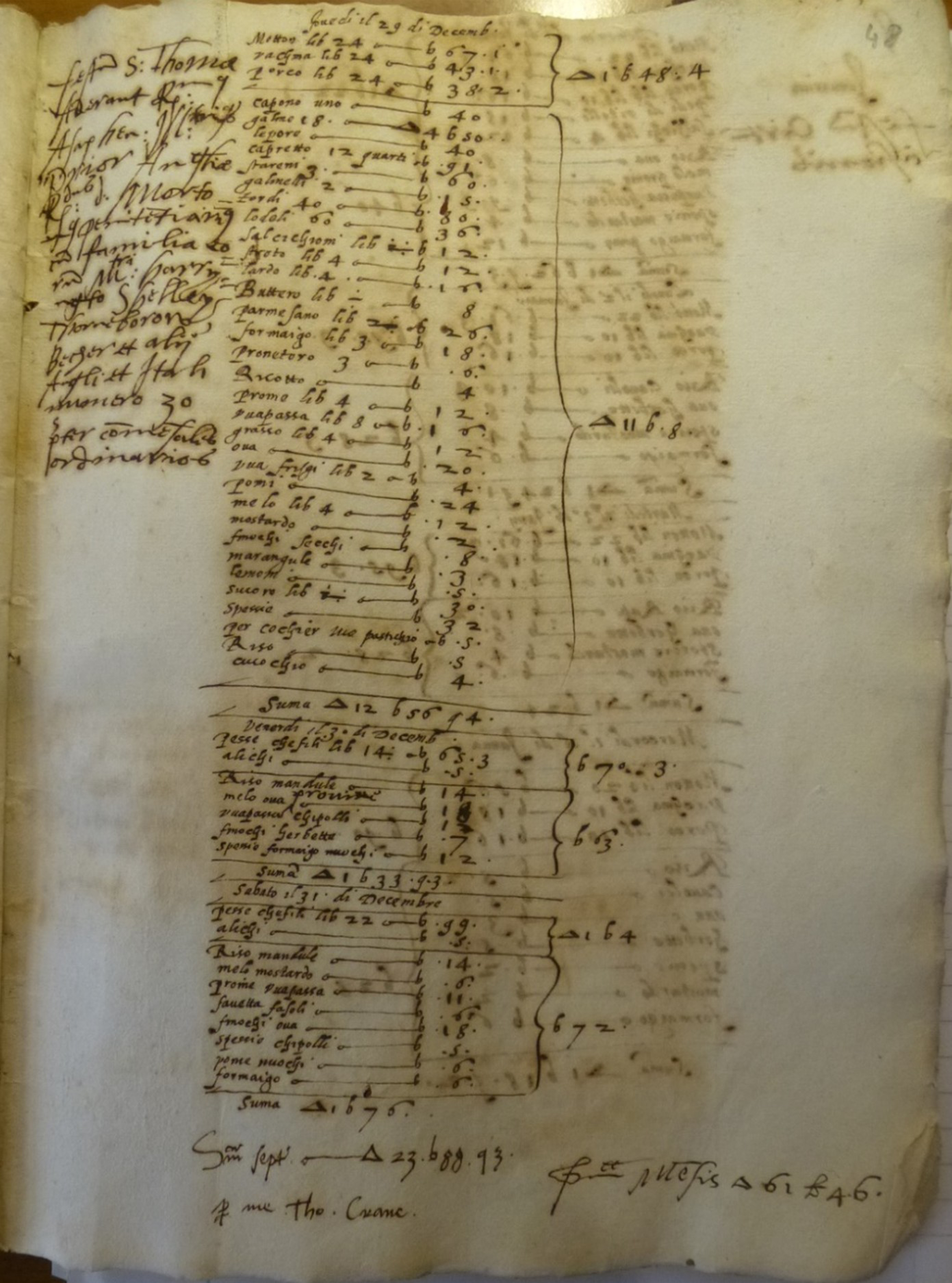 A handwritten document detailing food inventory for a feast.