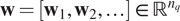 bold w equals left bracket bold w 1 comma bold w 2 comma ellipsis right bracket element of double struck upper R Superscript n Super Subscript q