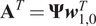 bold upper A Superscript upper T Baseline equals bold upper Psi bold italic w Subscript 1 comma 0 Superscript upper T