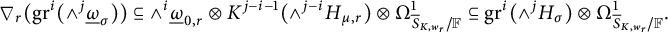 StartLayout 1st Row nabla Subscript r Baseline left parenthesis g r Superscript i Baseline left parenthesis and Superscript j Baseline ModifyingBelow Omega UnderbarSubscript sigma Baseline right parenthesis right parenthesis subset of or equal to and Superscript i Baseline ModifyingBelow Omega UnderbarSubscript 0 comma r Baseline circled times upper K Superscript j minus i minus 1 Baseline left parenthesis and Superscript j minus i Baseline upper H Subscript mu comma r Baseline right parenthesis circled times upper Omega Subscript ModifyingAbove bar With bar upper S upper K comma w Sub Subscript r Subscript divided by double struck upper F Superscript 1 Baseline subset of or equal to g r Superscript i Baseline left parenthesis and Superscript j Baseline upper H Subscript sigma Baseline right parenthesis circled times upper Omega Subscript ModifyingAbove bar With bar upper S upper K comma w Sub Subscript r Subscript divided by double struck upper F Superscript 1 Baseline period EndLayout